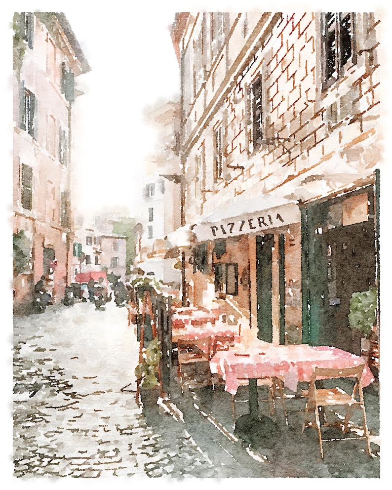 Rome Italie Wall Art Pizzeria Aquarelle Peinture Voyage Impression Numérique Imprimable Rue Neutre Vieux Monde Décor 5x7 8x10, 11x14, 16x20, 18x24 image 2