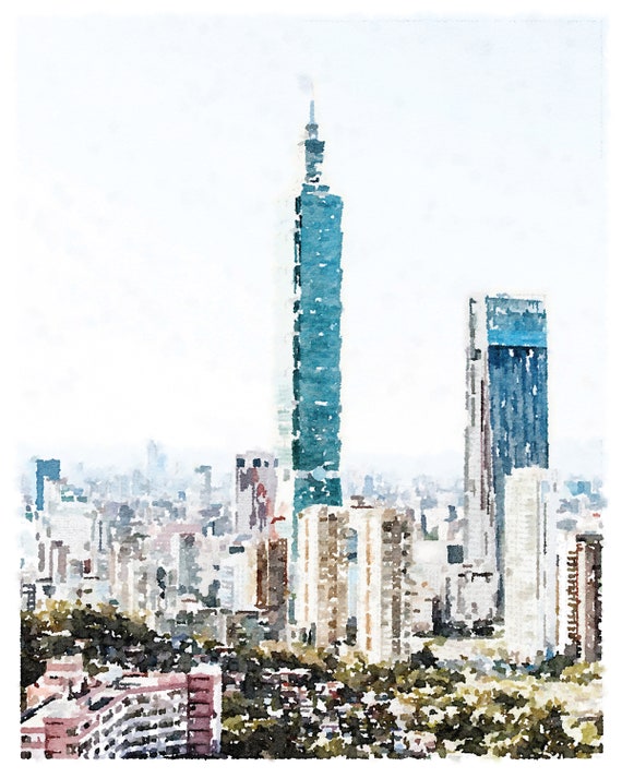 Taipei 101 Taiwan Skyscraper City Watercolor Print Digital Download,  Cityscape Poster Building Wall Art Decor 5x7, 8x10, 11x14, 16x20, 18x24