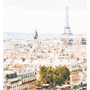 May include: A watercolor painting of the Eiffel Tower in Paris, France. The painting is done in soft, muted colors, with a focus on the tower and the surrounding cityscape. The sky is a light blue, and the buildings are a mix of beige and brown.