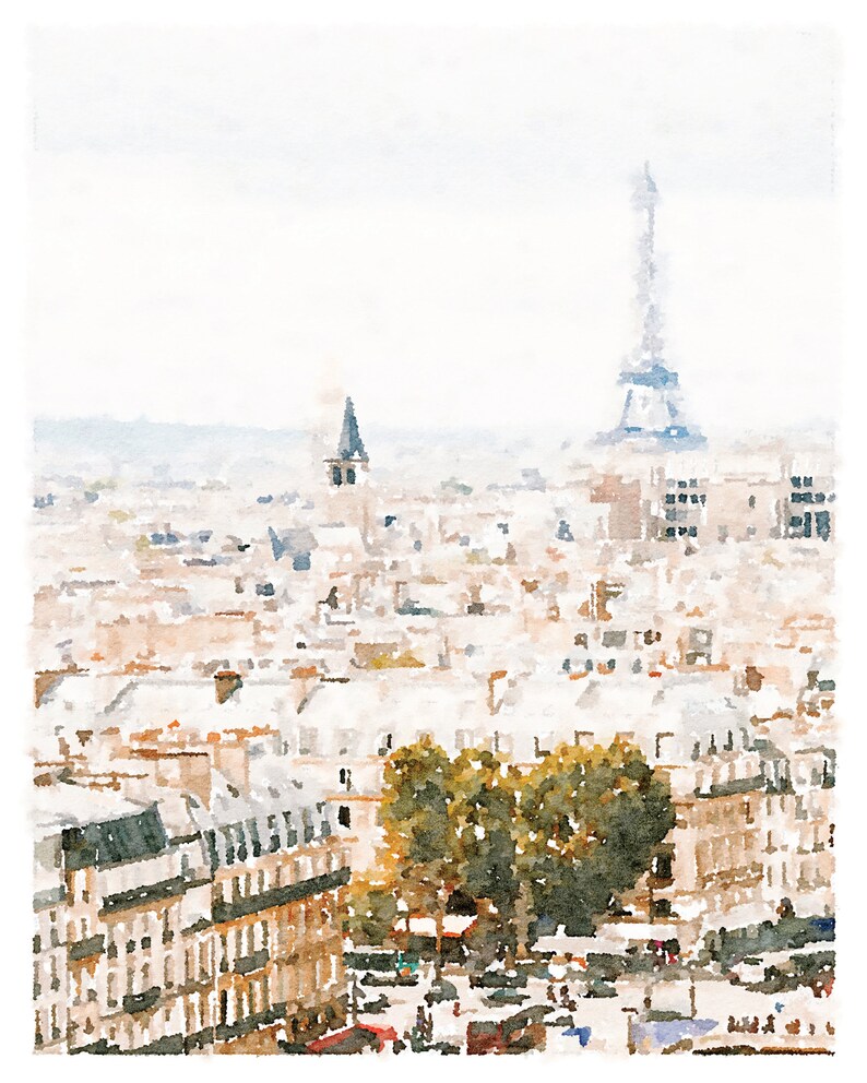 May include: A watercolor painting of the Eiffel Tower in Paris, France. The painting is done in soft, muted colors, with a focus on the tower and the surrounding cityscape. The sky is a light blue, and the buildings are a mix of beige and brown.