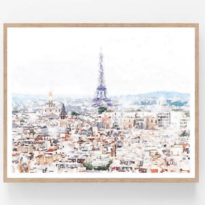 Paris France Neutral Wall Art Watercolor Print Digital Download, Cityscape Travel Painting Snow French Decor 5x7, 8x10, 11x14, 16x20 18x24 image 3