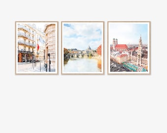 Paris Munich Rome Europe Travel Art Set of 3 City Prints Digital Download, European Wall Art, Wall Decor Gift Paintings 5x7, 8x10, 11x14