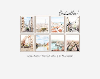 Europe Gallery Wall Set of 8 Printable European Travel Prints, Vienna Paris Lisbon Brussels Rome Budapest Barcelona Bestseller 8x10 11x14