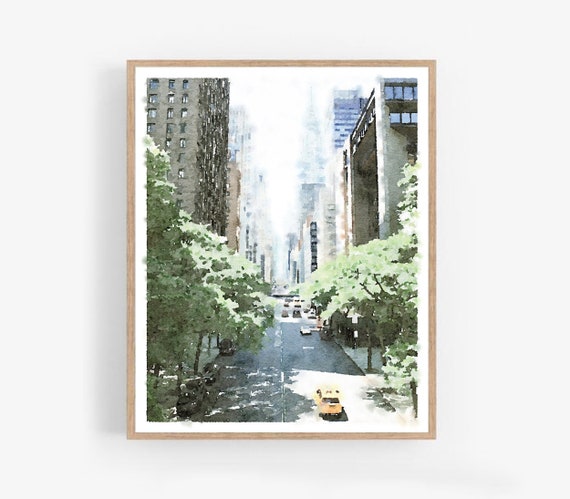 New York City Artwork Watercolor Wall Art Digital Printable, Black White Street Buildings Architecture Print 5x7, 8x10, 11x14, 16x20, 18x24