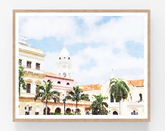 Panama City Art Casco Viejo Watercolor Printable Wall Art, Old Town Cityscape Painting, Travel Print City Art 5x7, 8x10, 11x14, 16x20, 18x24