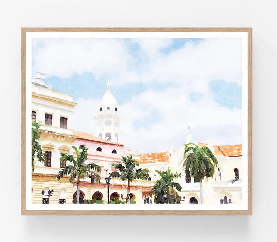 Panama City Art Casco Viejo Watercolor Printable Wall Art, Old Town Cityscape Painting, Travel Print City Art 5x7, 8x10, 11x14, 16x20, 18x24