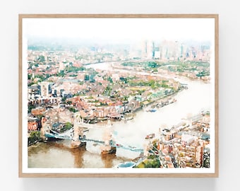 Impresión de acuarela del horizonte de Londres (descargable), Inglaterra, Reino Unido, Europa, viajes por la ciudad (13x18, 20x25, 28x35, 40x50, 45x61)