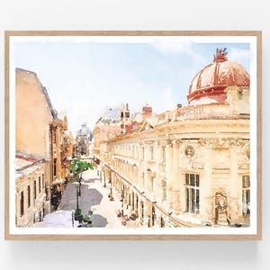 Boekarest, Roemenië oude stad aquarel schilderij digitale afdrukbare, Roemeense vintage stad kunst gebouwen decor 5 x 7, 8 x 10, 11 x 14, 16 x 20, 18 x 24