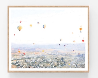 Hot Air Balloons Watercolor Wall Art, Digital Download Print, Neutral Poster Painting Landscape Photography 5x7, 8x10, 11x14, 16x20, 18x24
