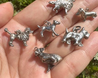 Breloques vintage en argent pour chien - caniche, scottie, colley, teckel