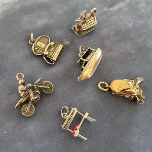 Peut inclure: Un ensemble de six pendentifs de charme en argent. Les breloques comprennent une maison, un t&eacute;l&eacute;phone, un bateau, une moto, des montagnes russes et un chien. Les breloques sont toutes de styles et de designs diff&eacute;rents.
