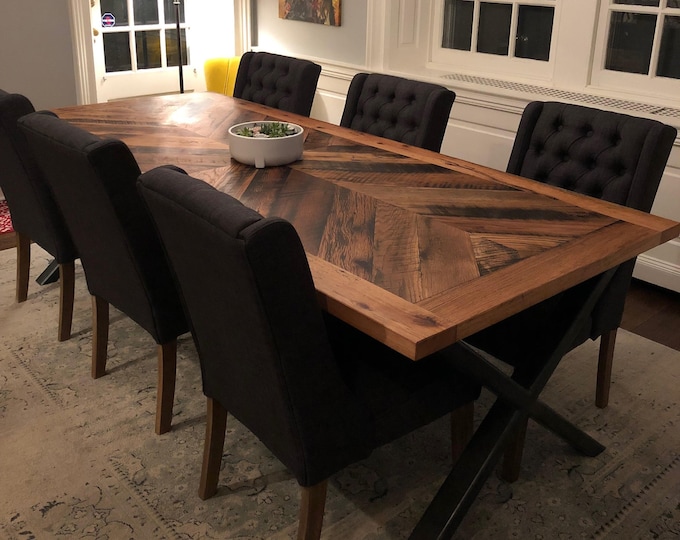 Reclaimed Oak Wood Dining Table with Steel Legs | Chevron Design