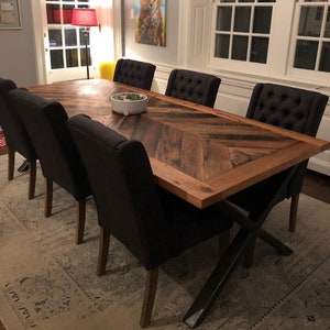 Reclaimed Oak Wood Dining Table with Steel Legs | Chevron Design