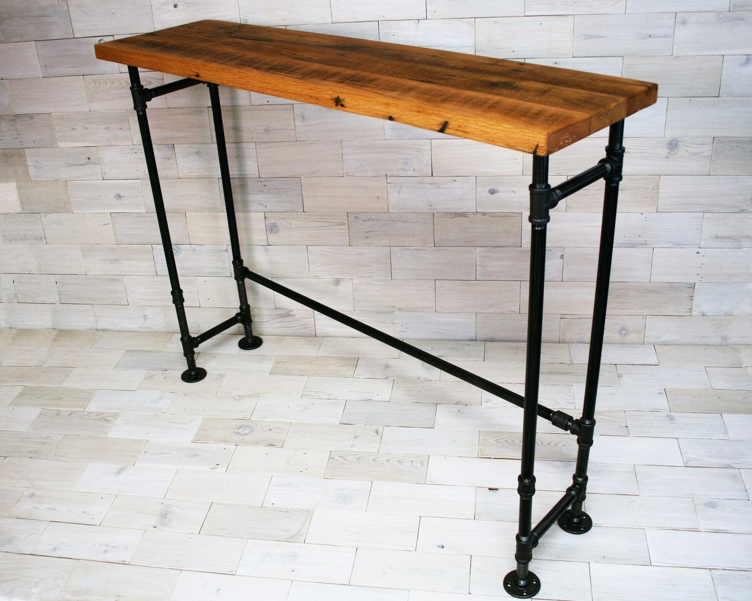 Reclaimed Oak Bar Table with Steel Pipe Legs