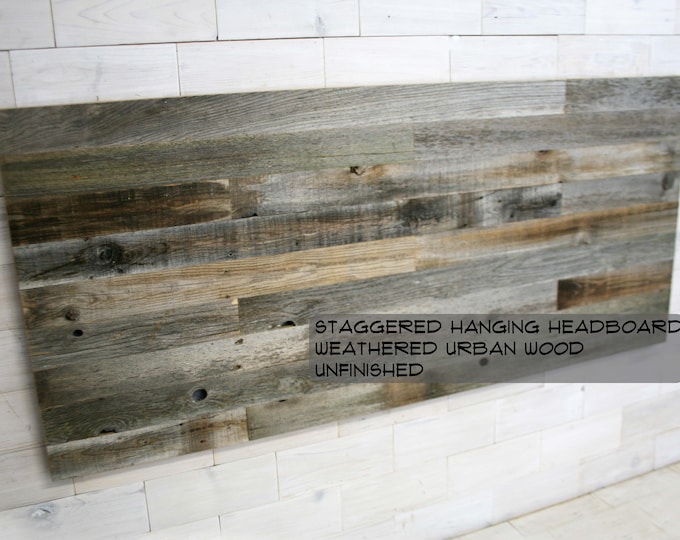 Barn Wood Hanging Headboard, Headboard with Posts or Headboard—Footboard Combination  |  choose your size  |  Weathered Staggered Design