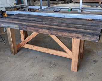 Rustic Barn Wood Trestle Dining Table with Reclaimed Wood Base