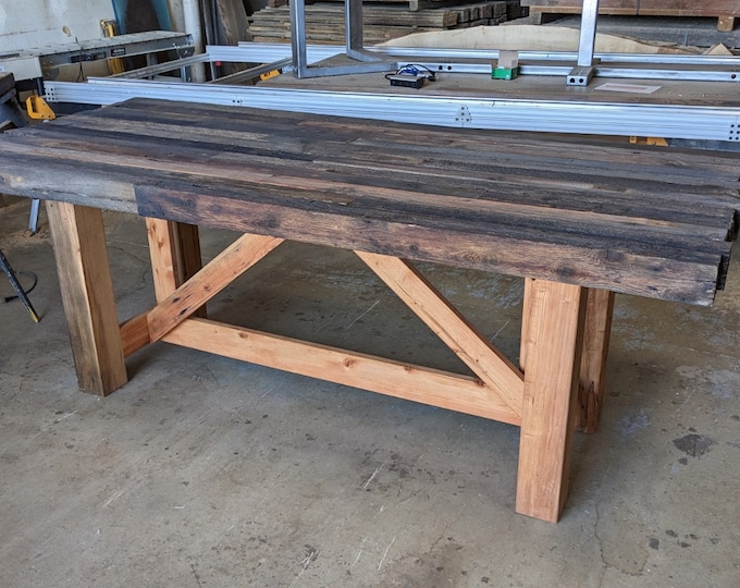 Rustic Barn Wood Trestle Dining Table with Reclaimed Wood Base