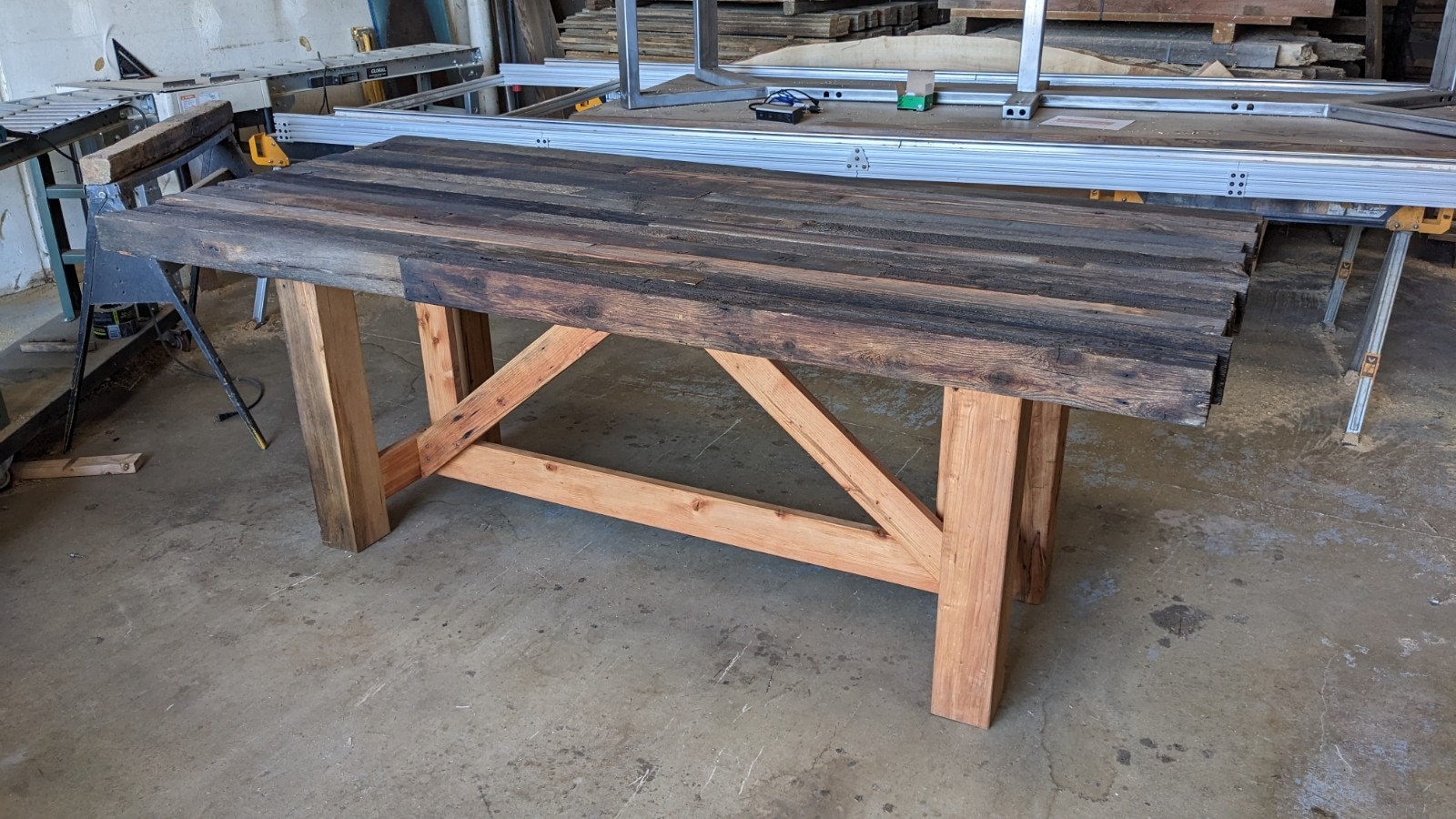 Barn Wood Trestle Dining Table with Reclaimed Wood Base