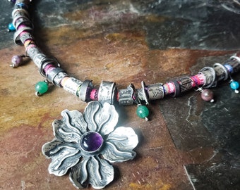 Flower Necklace, Flower Pendant, Amethyst Necklace, Big Flower Necklace, Flower Jewelry, Nature Jewelry, Amethyst Flower, Rainbow Necklace