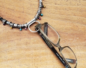 Handmade Leather Eyeglass Holder Necklace: Sterling Silver Beads, Tourmaline & Agate