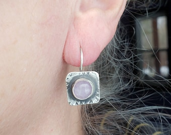 Pink Kunzite Earrings, Square Pink Earrings, Square Earrings, Tiny Earrings, Green Earrings, Sleepers, Sleeper Earrings