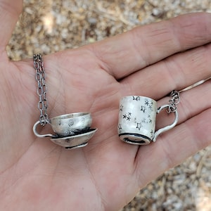 Collar artesanal con forma de taza de café de plata en miniatura, regalo para amantes del té