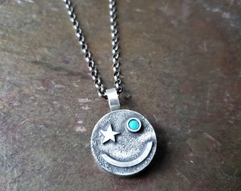Imperfectly Happy Face Pendant Necklace: Silver, Stone Eye