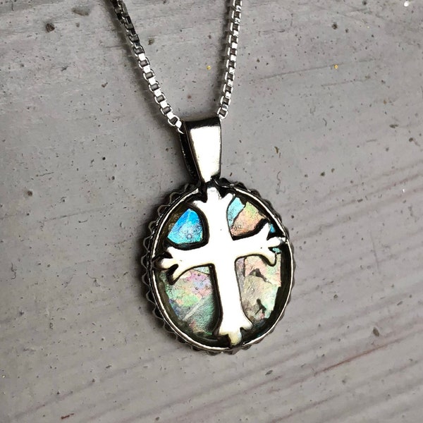 Historical Vintage Sterling Silver 925 Oval Roman Glass Colorful Pastel Polished Cross Pendant with 18" Box Chain