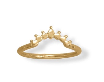 Minimal Trendy 14K Yellow Gold Plated Sterling Silver 925 Dot Crown Curved Band Stackable Sunshine Sun Burst Dainty Ring Sizes 5-9