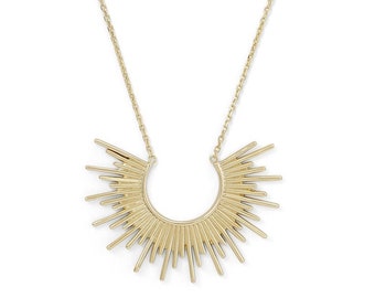 Unique Bold 14k Yellow Gold Plated Sterling Silver 925 Sunburst Sun Sunshine Spiked Crescent Pendant Chain Statement Necklace
