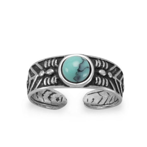 Cute Summertime Sterling Silver 925 Oxidized Simulated Round Bezel Set Turquoise Body Jewelry Toe Ring Adjustable Wide Cute