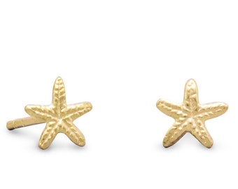 Tiny Small 14K Yellow Gold Plated Sterling Silver 925 6mm Starfish Beach Summertime Detailed Second Hole Stud Post Earrings