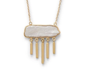 Cute Unique 14K Yellow Gold Plated Sterling Silver 925 Cultured White Freshwater Pearl Dangling Tassel Cloud Pendant Necklace