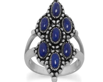 Large Southwestern Style Solid Sterling Silver 925 Oxidized Blue Lapis Gemstone Handmade Statement Ring Sizes 6-10