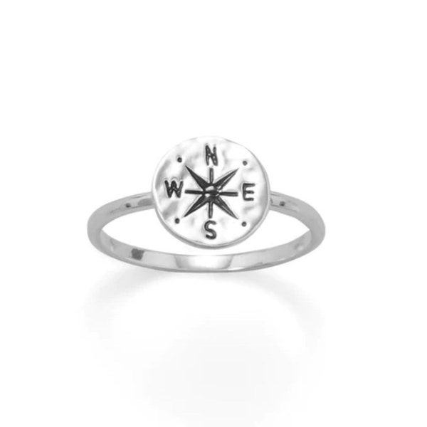 Sterling Silver 925 Hammered Compass Graduation Guiding Good Luck Keepsake Handmade Spiritual Christian Gift Ring Sizes 4-10