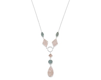 Feminine Pretty Sterling Silver 925 Aquamarine and Rose Quartz Gemstone Y Lariat Style Statement Necklace