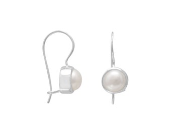 Simple Minimal Sterling Silver 925 Bezel Set 6mm White Cultured Freshwater Pearl Drop French Eurowire Wire Dangle Earrings