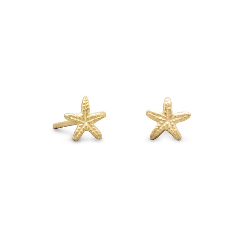 Tiny Small 14K Yellow Gold Plated Sterling Silver 925 6mm Starfish Beach Summertime Detailed Second Hole Stud Post Earrings image 1