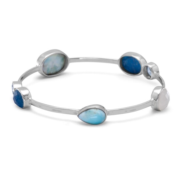 Stackable Colorful Sterling Silver 925 Multi Stone Larimar Blue Topaz Dyed Adventurine Rainbow Moonstone Gemstone Bangle Statement Bracelet