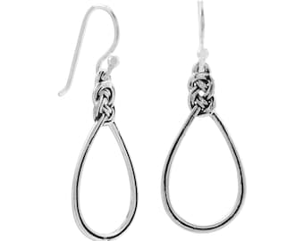 Simple Classic Sterling Silver 925 Oxidized Celtic Knot Open Pear Shape Outline Lightweight French Wire Dangle Drop Earrings