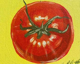 Miniature Tomato Painting, Original Kitchen Decor, Whimsical Art Canvas