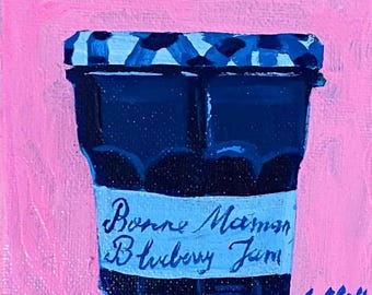Original Bonne Maman Blueberry Jelly Jar Still Life Painting, Whimsical Kitchen Decor