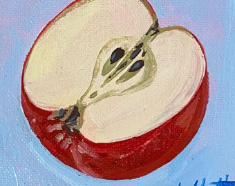 Miniature Apple Still Life Painting, Original Whimsical Kitchen Art Canvas