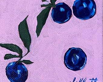 Miniature Blueberry Fruit Painting: Whimsical Kitchen Wall Art (4x4 Inch Canvas)