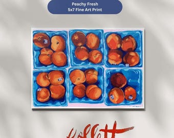 Peachy Fresh Fruit Print – Farmers Market Kitchen Art Peach Basket Summer (5x7)