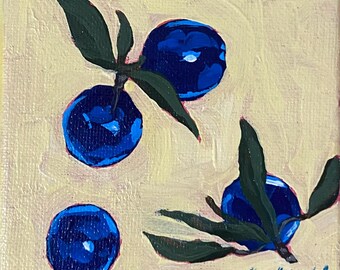 Miniature Blueberry Still Life Painting, Whimsical Fruit Kitchen Art (4x4 Inch Canvas)
