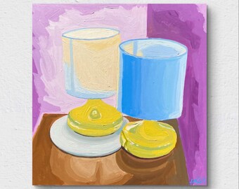 12x12” Acrylic Painting On Hardboard Original MCM Midcentury Modern Lamps Yellow and Blue Still Life