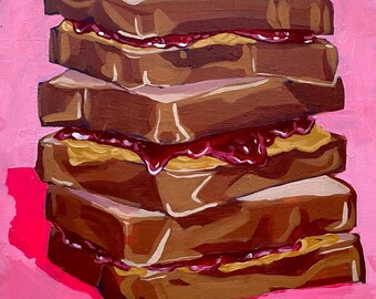 Lámina decorativa de sándwich de mantequilla de cacahuete y mermelada / Decoración de cocina original (5x7) Arte culinario nostálgico de los 90