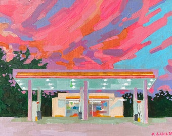 11”x14” Acrylic Sunset Gas Station Lanscape Unique Original Artwork Painting