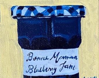 Miniature Bonne Maman Blueberry Jelly Jar Still Life Painting Original Kitchen Decor